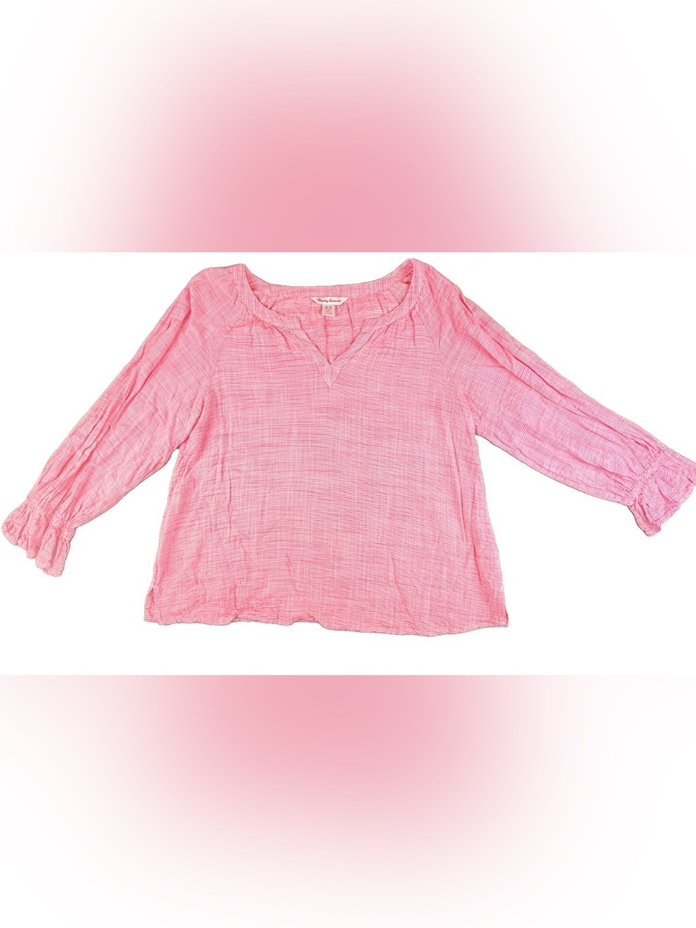 Tommy Bahama Montauk Gingham Pink Ruffle 3/4 Sleeve Rayon Blouse Women’s M